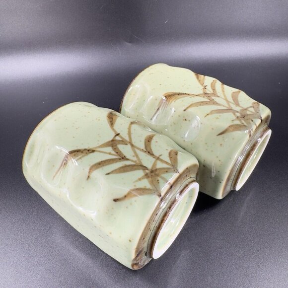 Vintage Oriental Stoneware Pottery Tumbler Drinking Cups Set 2 Light Green Cups - Picture 8 of 13